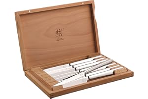 ZWILLING Premium Set of 8 Stainless German Steel Serrated Steak Knife Set with Wood Box - Razor Sharp Blades, Dishwasher Safe