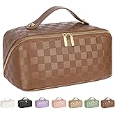 Large Capacity Travel Cosmetic Bag - Portable Makeup Bags for Women Waterproof PU Leather Checkered Makeup Organizer Bag with Dividers and Handle,Toiletry Bag for Cosmetics