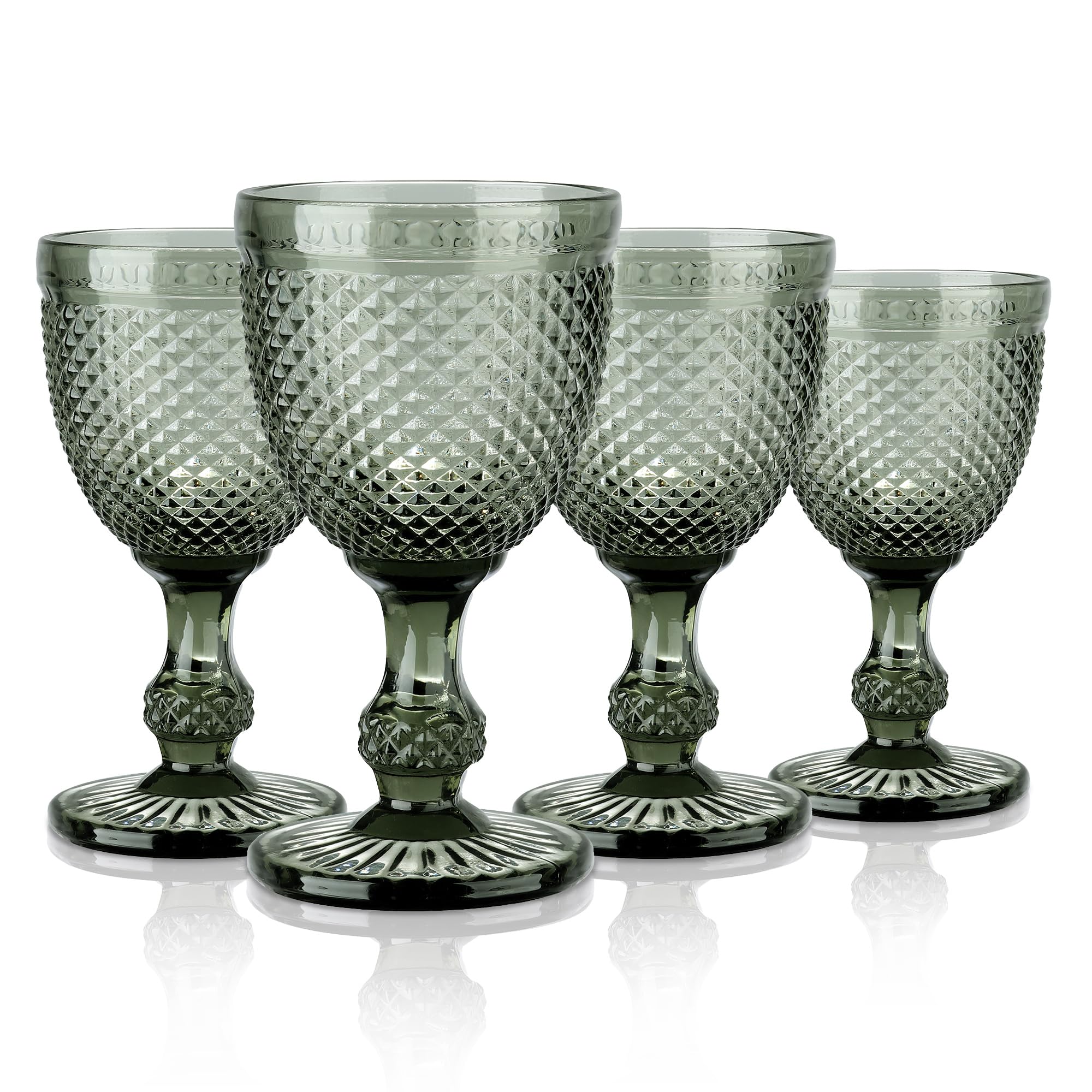 Joeyan 270ml Grey Vintage Wine Glasses,Colored Embossed Glass Goblets,Stemmed Drinking Glasses Cups with Diamond Design,Glassware Set for Wedding Party Bar,Set of 4,Dishwasher Safe