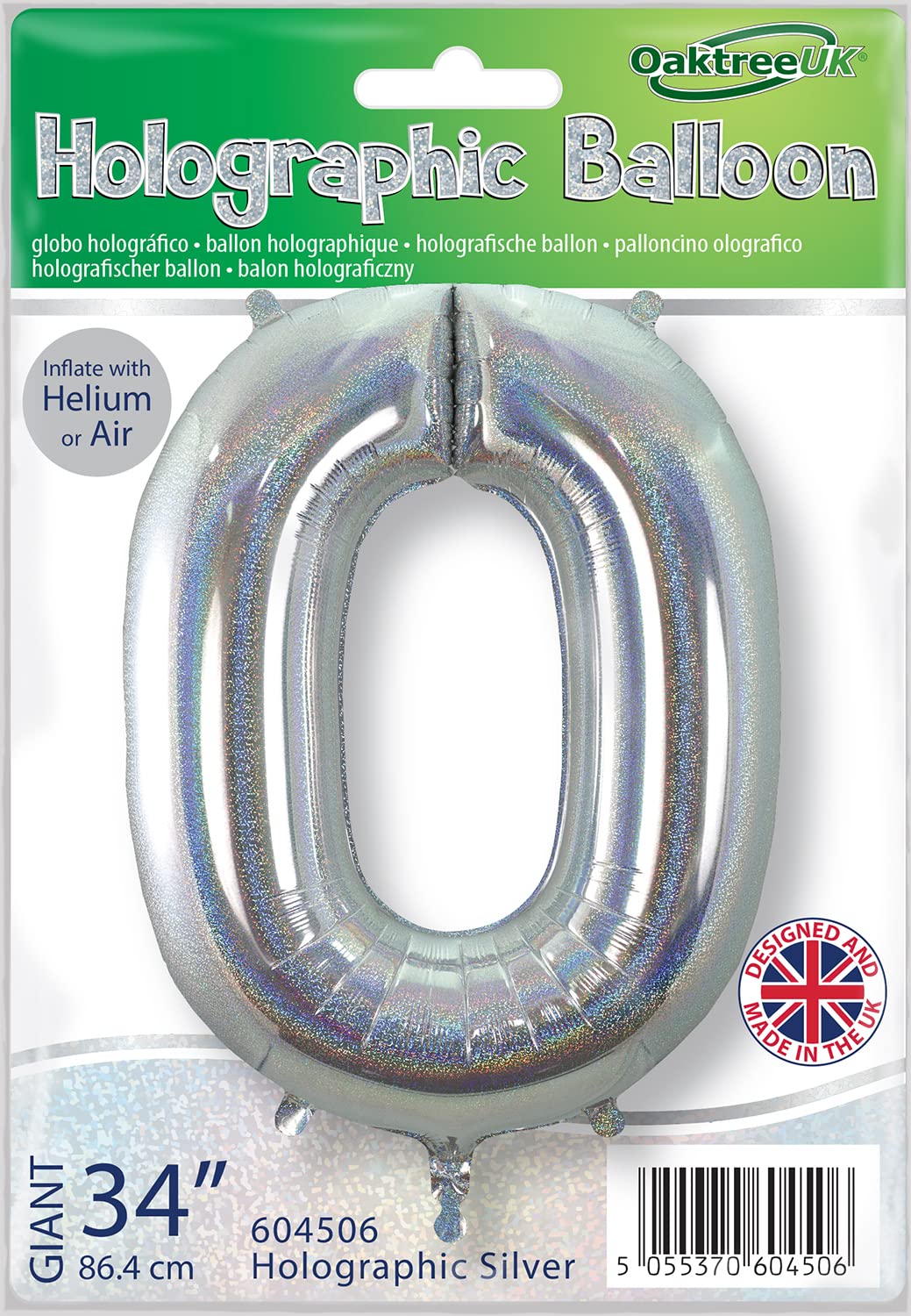 Oaktree 34" Number 0 Holographic Silver Foil Balloon - 604506