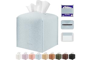 PARIERIS Tissue Box Cover Holder Square Tissue Cube Cover PU Leather Tissue Organizer with Bottom Belt for Bathroom, Tabletop, Car, Night Stands, Office, Home, Kitchen (1, Blue)