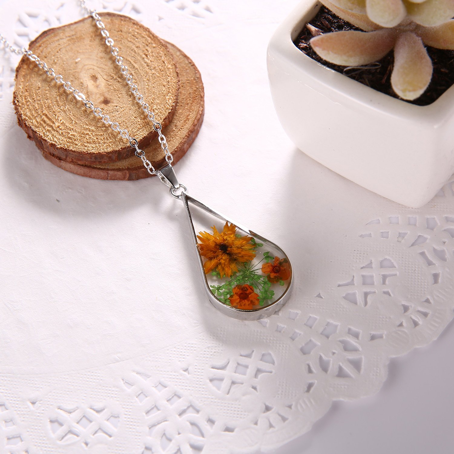 Rinhoo Silver Plated Handmade Real Dry Pressed Flower Cross Bar Shape Pendant Necklace Women Girls Jewelry (Teardrop(Yellow))