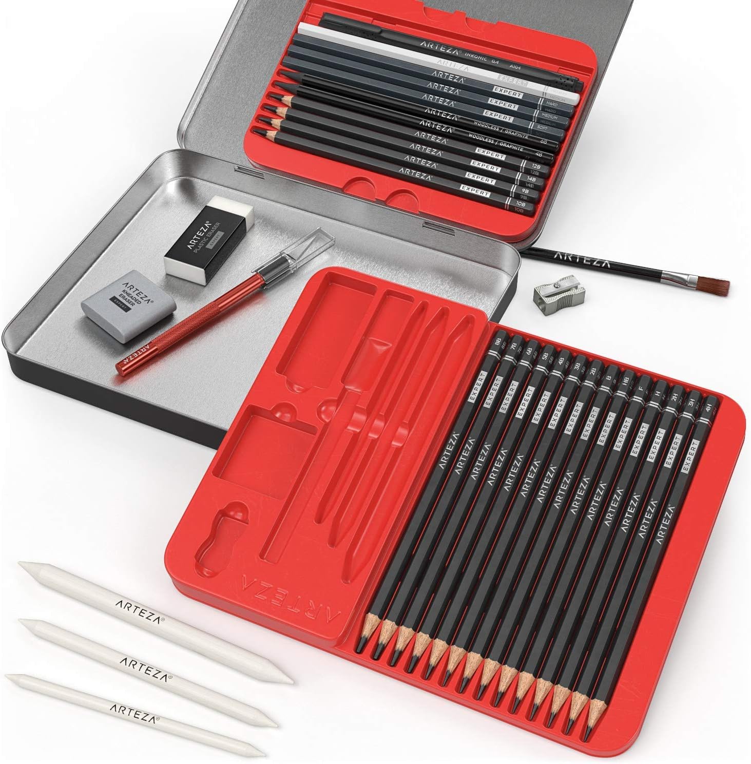 Arteza Drawing Set for Adults, Set of 33 Artist Sketching Tools, Includes 20 Graphite & 4 Charcoal Sketch Pencils, 1 Fineliner, 3 Blenders, 1 Sharpener, 3 Erasers & 1 Hobby Knife : Office Products