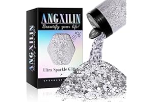 ANGXILIN Holographic Chunky Glitter, 190g/6.7oz Chunky and Fine Mixed Craft Glitter, Bulk Laser Sequin Glitter for Face Body Nail Art,Epoxy Resin Tumbler Jewelry Making Glitter (Silver)