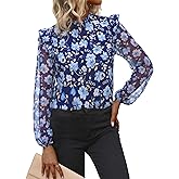 Simplee Womens Floral Boho Tops Trendy Ruffle Long Sleeve Blouses Fall Dressy Mock Neck Loose Casual Work Shirts