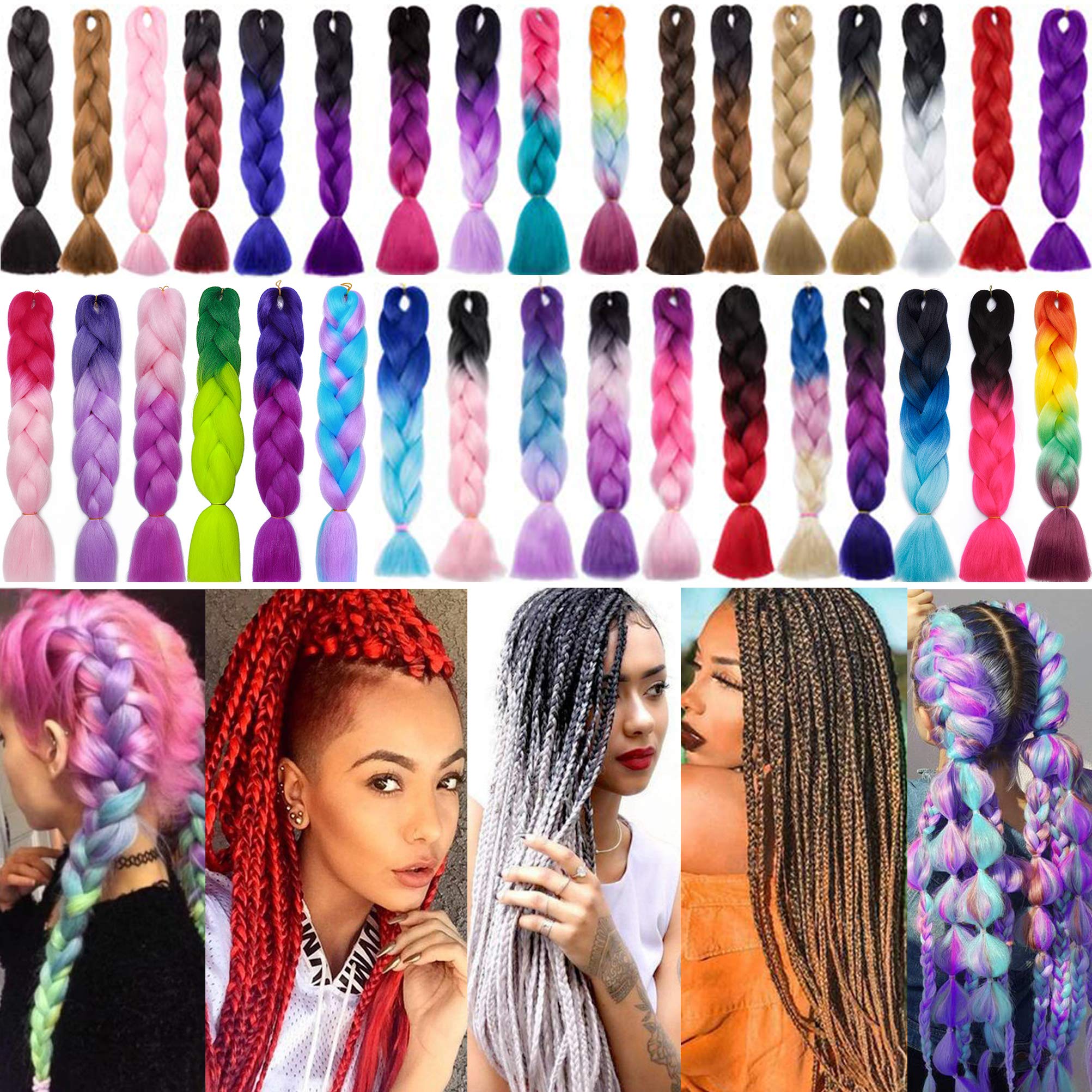 Ombre Jumbo Braiding Hair 24 Inch 5Pcs Synthetic Colorful Box Jumbo Braids for Crochet Twist Hair Extension Purple to Peach Pink to Light Pink