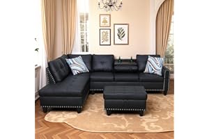 Trygoal Leather Sectional Sofa with Movable Chaise & Storage Ottoman, 3-Piece Modular Convertible L-Shaped Couches for Living Room, Apartment & Office, Black