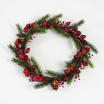 artplants - Künstlicher Hagebuttenkranz mit Beeren, Tannenzweigen, Ø 30 cm - Kunst Winterkranz/Deko Herbstkranz