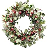 idyllic 22 Inch Artificial Christmas Wreaths for Front Door, Winter Spring Decoration Wreath with Red Berry Lamb Leaves, Evergreen Natural Wreath for Indoor Outdoor Farmhouse Festival Home Decor