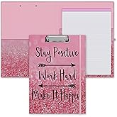 Clipboard Folio with Refillable Lined Notepad, Low Profile Clip and Interior Storage Pocket, Cute Clipboard Folder Design for Students, Office, School, Nurse, A4 Foldable Clipfolio(Stay Positive)