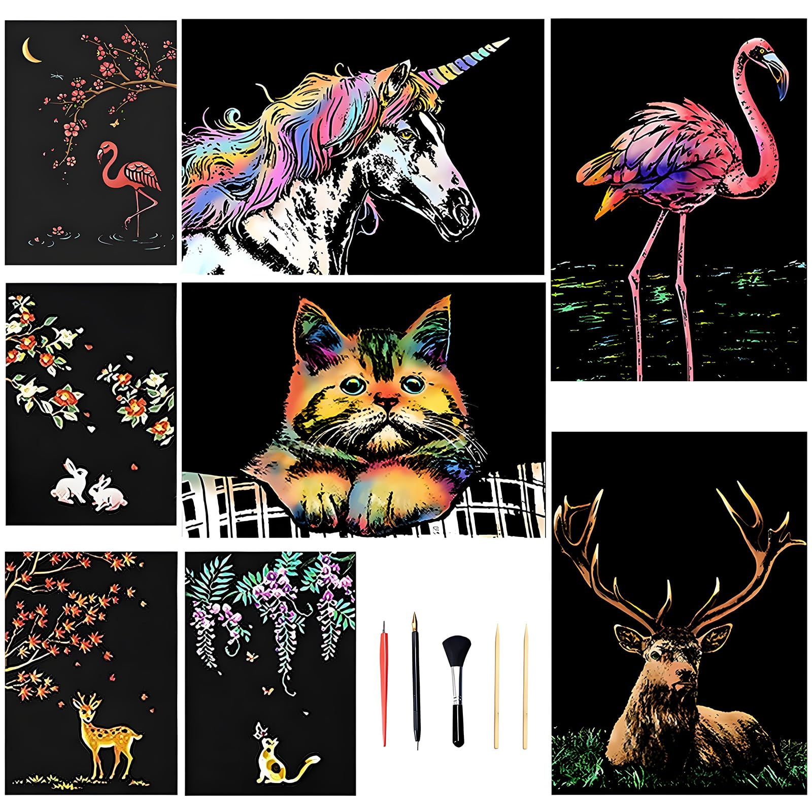Animal Scratch Art, Foil Handmade Scratch Painting Art and Crafts Gifts Colour Scratch Paper Engraving Art with 5pcs Professional Pen and Brush (8)