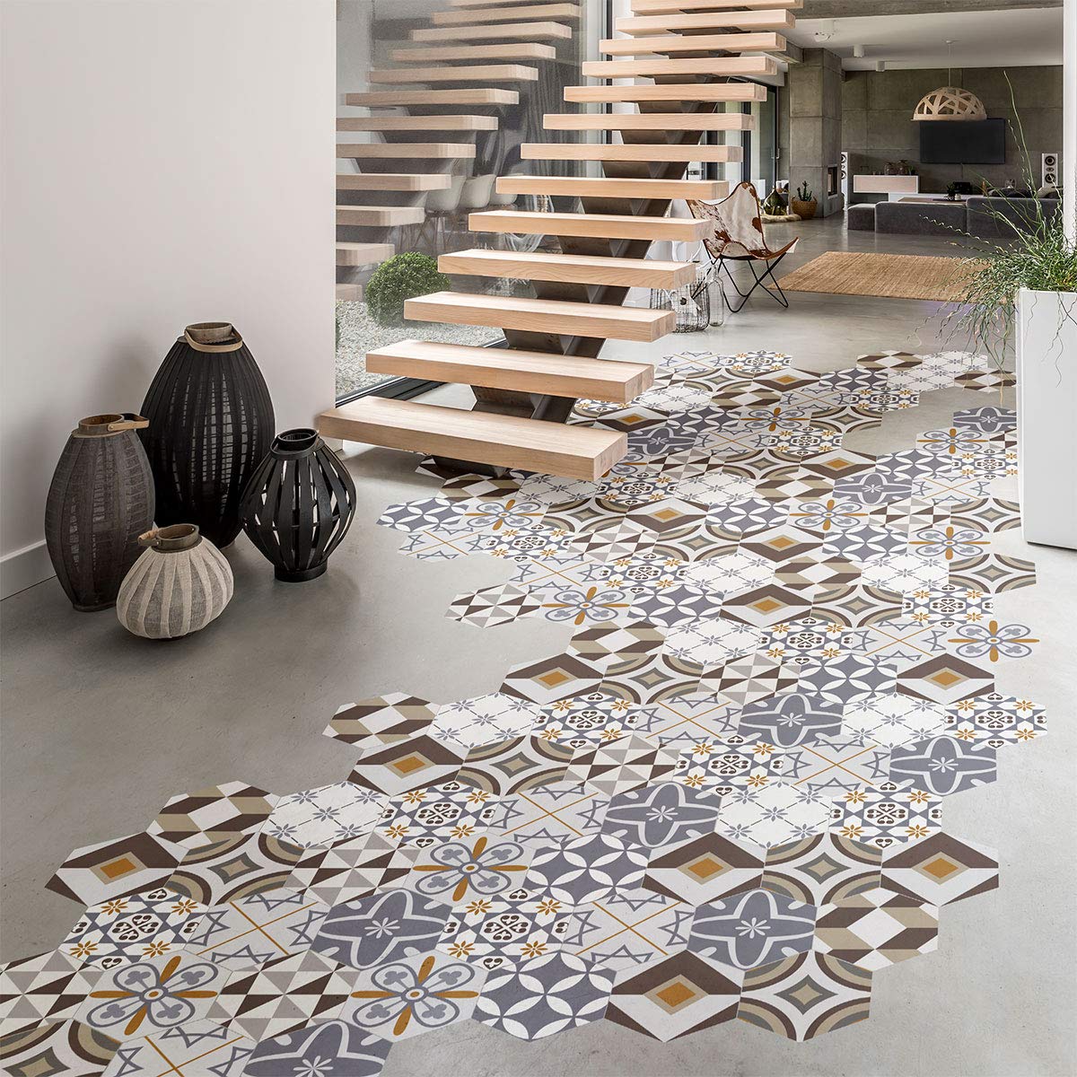 Ambiance Sticker Peel and Stick Decorative Hexagon Lilania Floor Tile, DIY Home Decor, Peel and Stick Removable Stickers, Waterproof Non-Skid Sticker - H40 x L90 cm - 10 Stickers of 20 x 18 cm