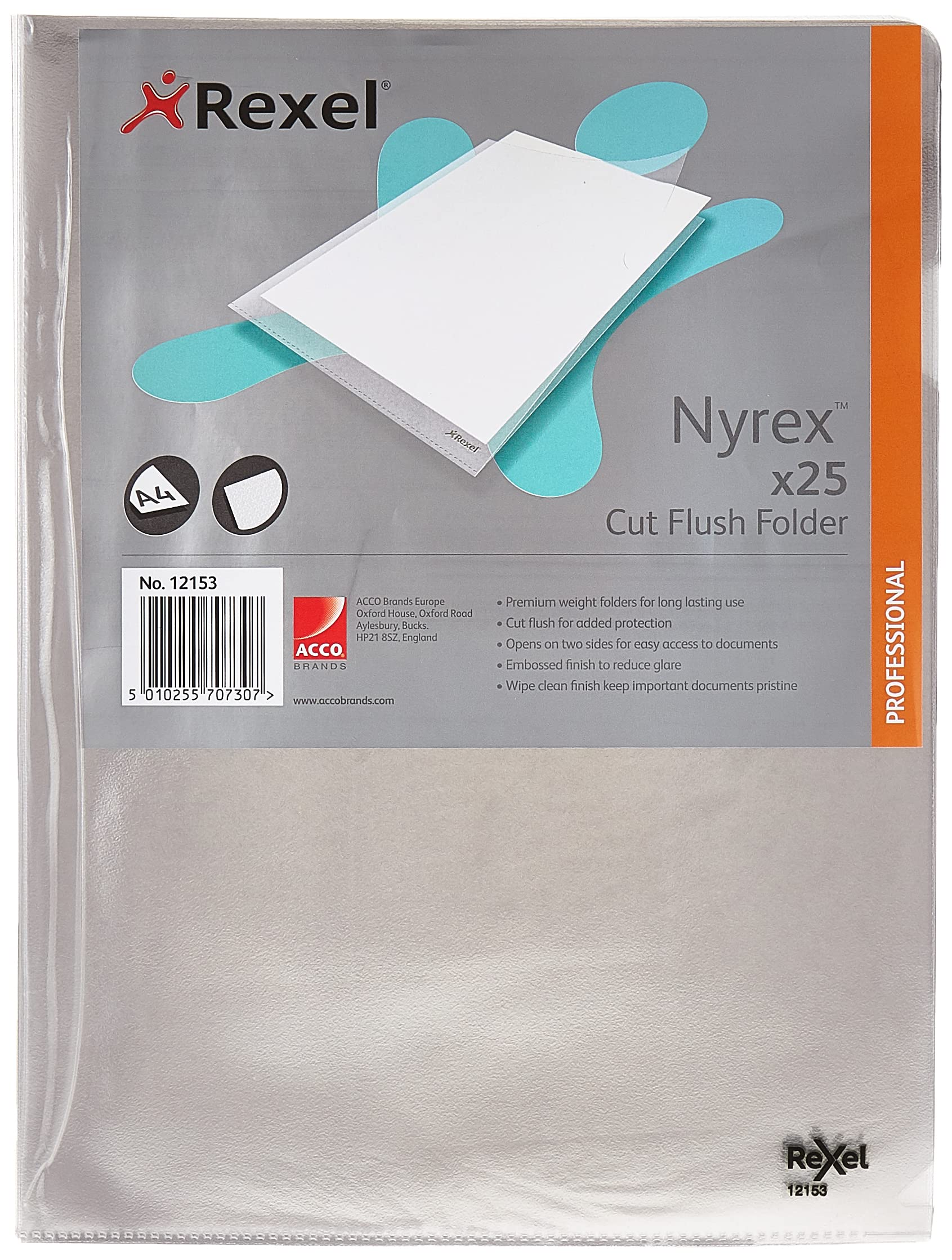 Rexel Nyrex Premium A4 Document Folder, Clear Embossed, 100mic, Cut Flush, L-Folder, Pack of 25, 12153