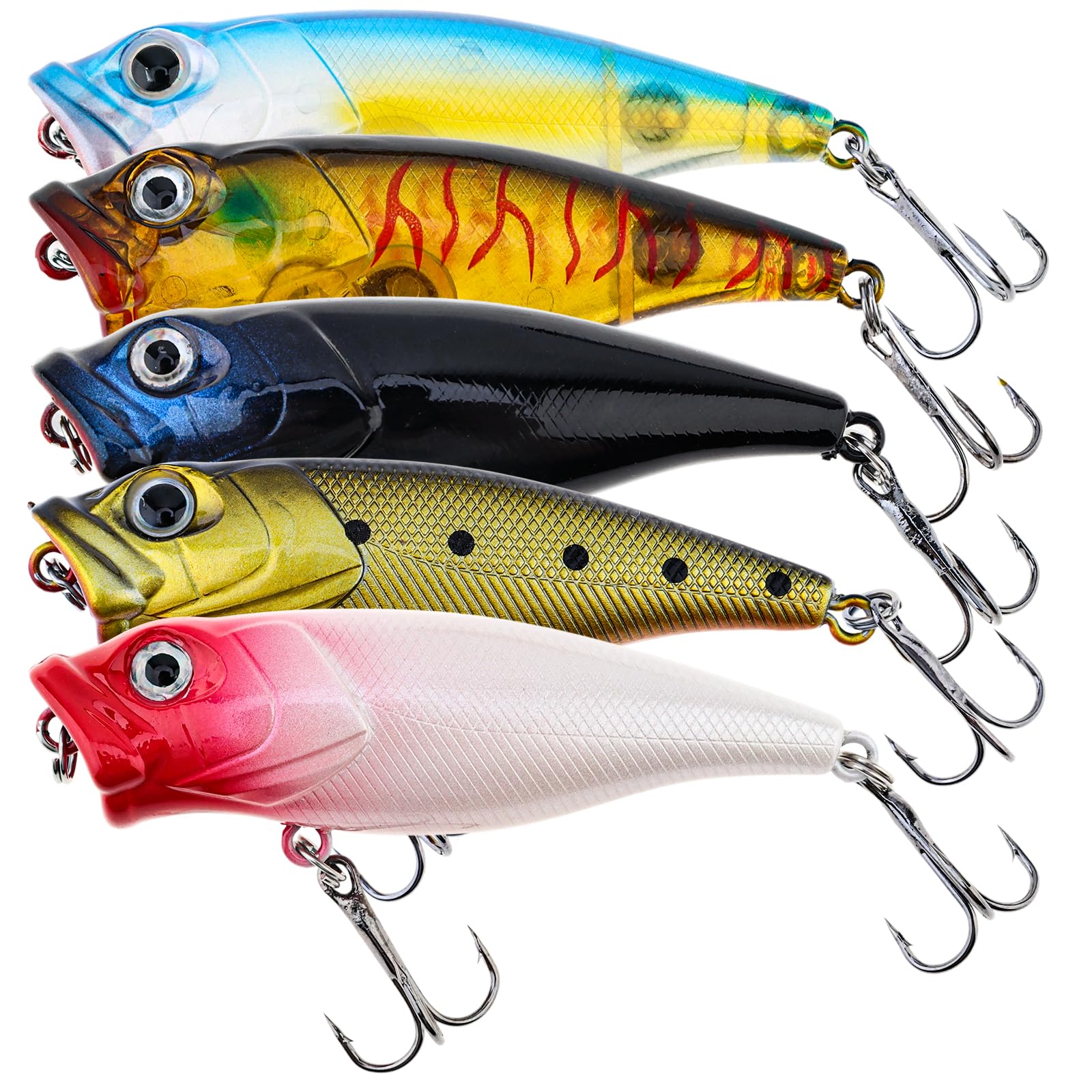 OriGlam 5pcs Fishing Popper Lure, Colorful 3D Eyes Topwater Lures Bass Lures Fishing Hard Baits