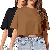 YOGINGO 2PC Women's Basic Crop Top Drop Shoulder T Shirt Half Sleeve Cropped Tee Crewneck Short Sleeve Casual Summer Top