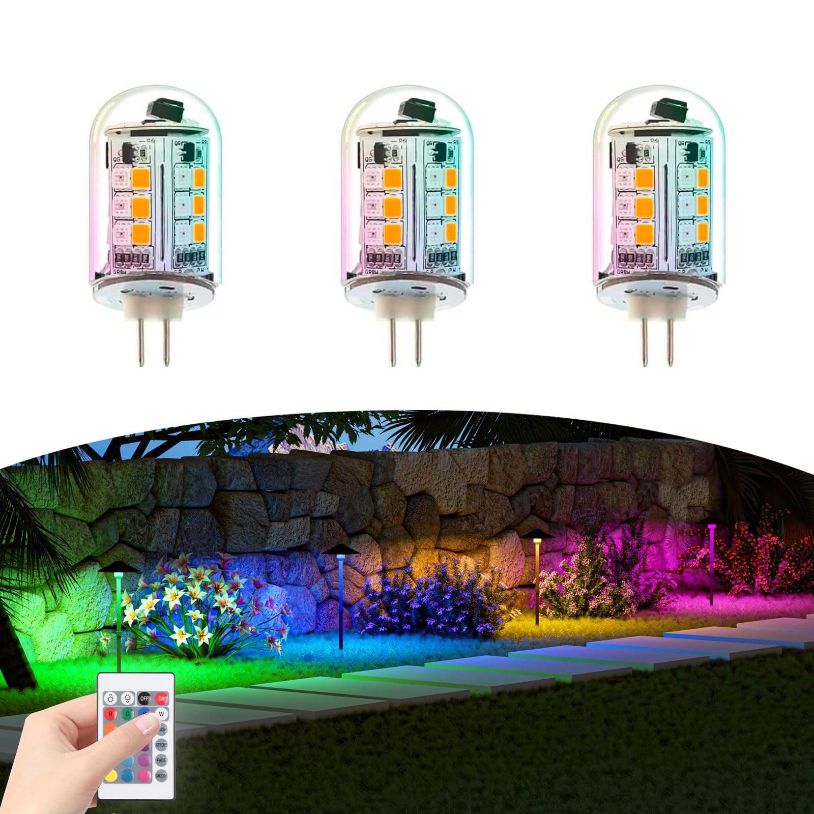Photo 1 of Makergroup RGB T3 G4 Bi-pin LED Bulbs 12V Color Changing, G4 Halogen Bulb Replacement, Warm White+15 Multicolors and Dimmable on Remote Control, Weatherproof for Outdoor Low Voltage Landscape Lighting