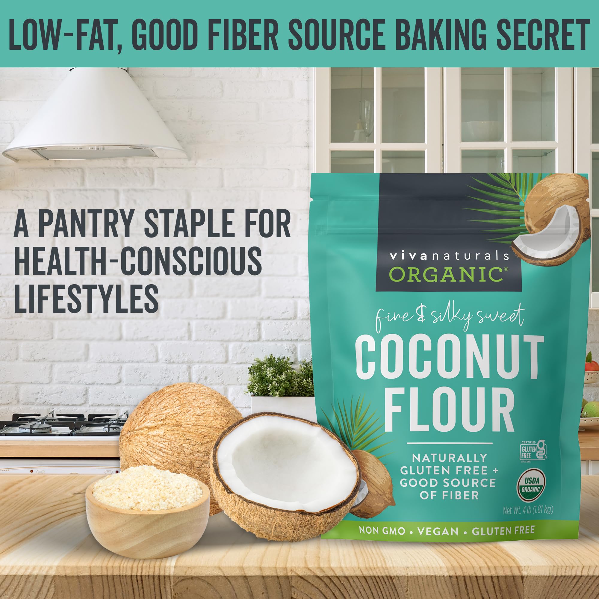 Viva Naturals Organic Coconut Flour (4 lbs) - Gluten Free Flour Substitute for Keto, Paleo and Vegan Baking, Low Fat and Good Source of Fiber Coconut Baking Flour, Non-GMO, Unbleached and Unrefined, 1.81 kg