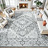 Lessymo 8 x 10 Area Rugs for Living Room- Machine Washable Area Rugs Boho Faux Wool Low Pile Area Rug for Bedroom, Floral Medallion Vintage Rugs with Non-Slip Rubber, Kid & Pet Friendly, Grey White