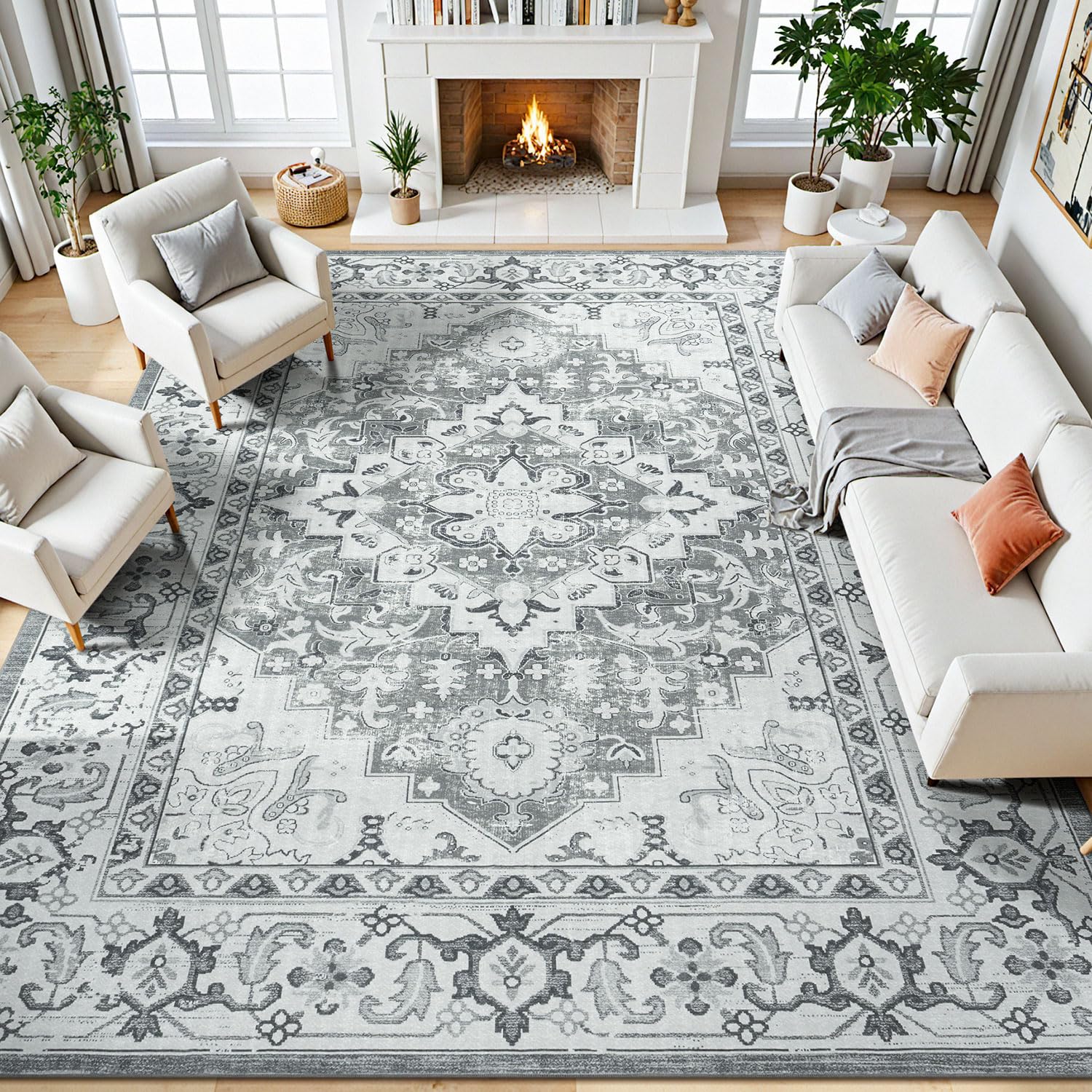 Photo 1 of Lessymo 8 x 10 Area Rugs for Living Room- Machine Washable Area Rugs Boho Faux Wool Low Pile Area Rug for Bedroom, Floral Medallion Vintage Rugs with Non-Slip Rubber, Kid & Pet Friendly, Grey White