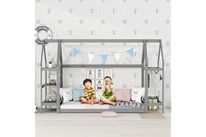 Harper & Bright Designs Twin Floor Bed for Kids, Wood House Floor Bed Frame with 2 Detachable Stands, Twin Size House Bed for Children Girls, Boys,Can be Decorated, Grey