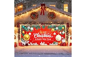 IVN Christmas Garage Door Cover Decoration 13x6ft Gold and White Baubles Red Snowflake Design Merry Christmas Winter Garage Door Banner Home Door Front Yard Decor for Xmas Eve Holiday Outdoor