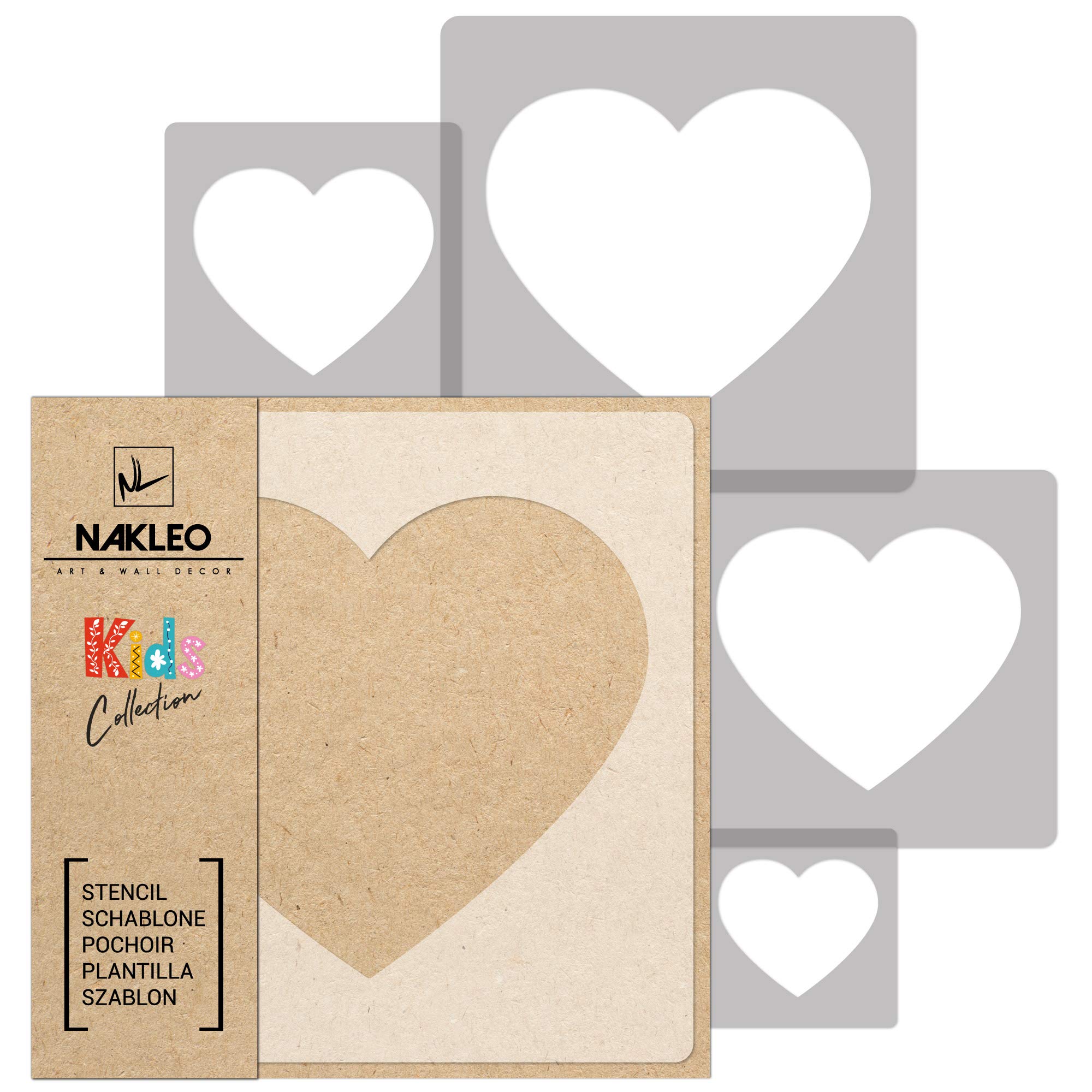 NAKLEO Painting Stencils Set for Nursery Room, 5 Pcs Templates 9x9 to 34x34cm Heart Love Valentine's Day, Plastic and Reusable Drawing Stencils, Decor, Craft DIY Wall Furniture