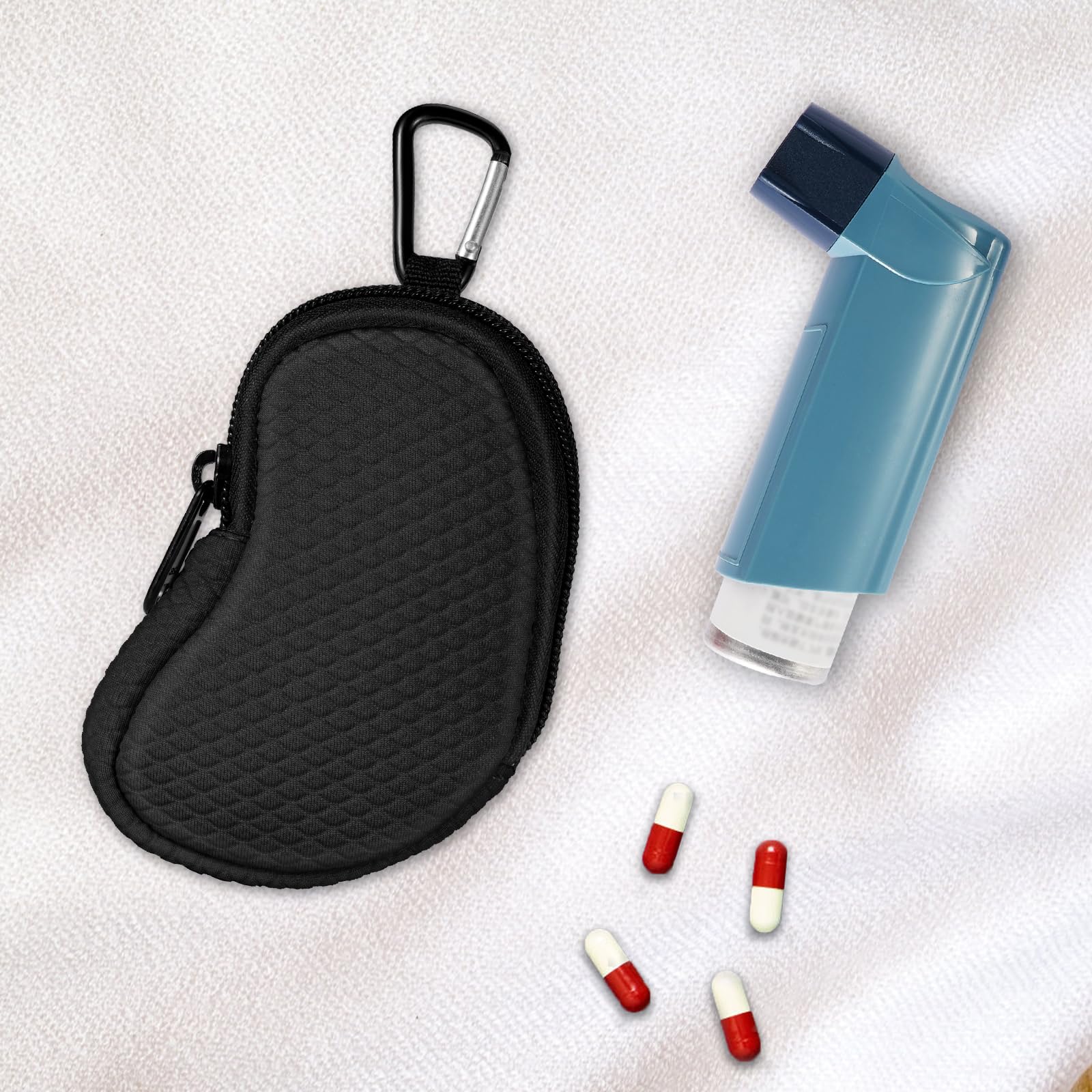 Neoprene Asthma Inhaler Holder, Protective Portable Travel Handy Holster, Lightweight Carrying Case with Carabiner Clip and Mesh Pocket Inside, Inhaler Not Included (Case Only) (Black)