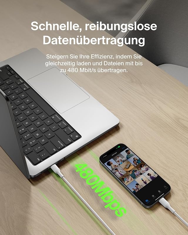 Eco Geflochtenes USB-C auf USB-C Kabel, 2 m, 240 W, biegsames, flexibles Schnellladekabel, Ladekabel USB C für iPhone 17/16/15, Galaxy S25, Pixel 9, MacBook, iPad Pro und mehr – Weiß, USB 2.0