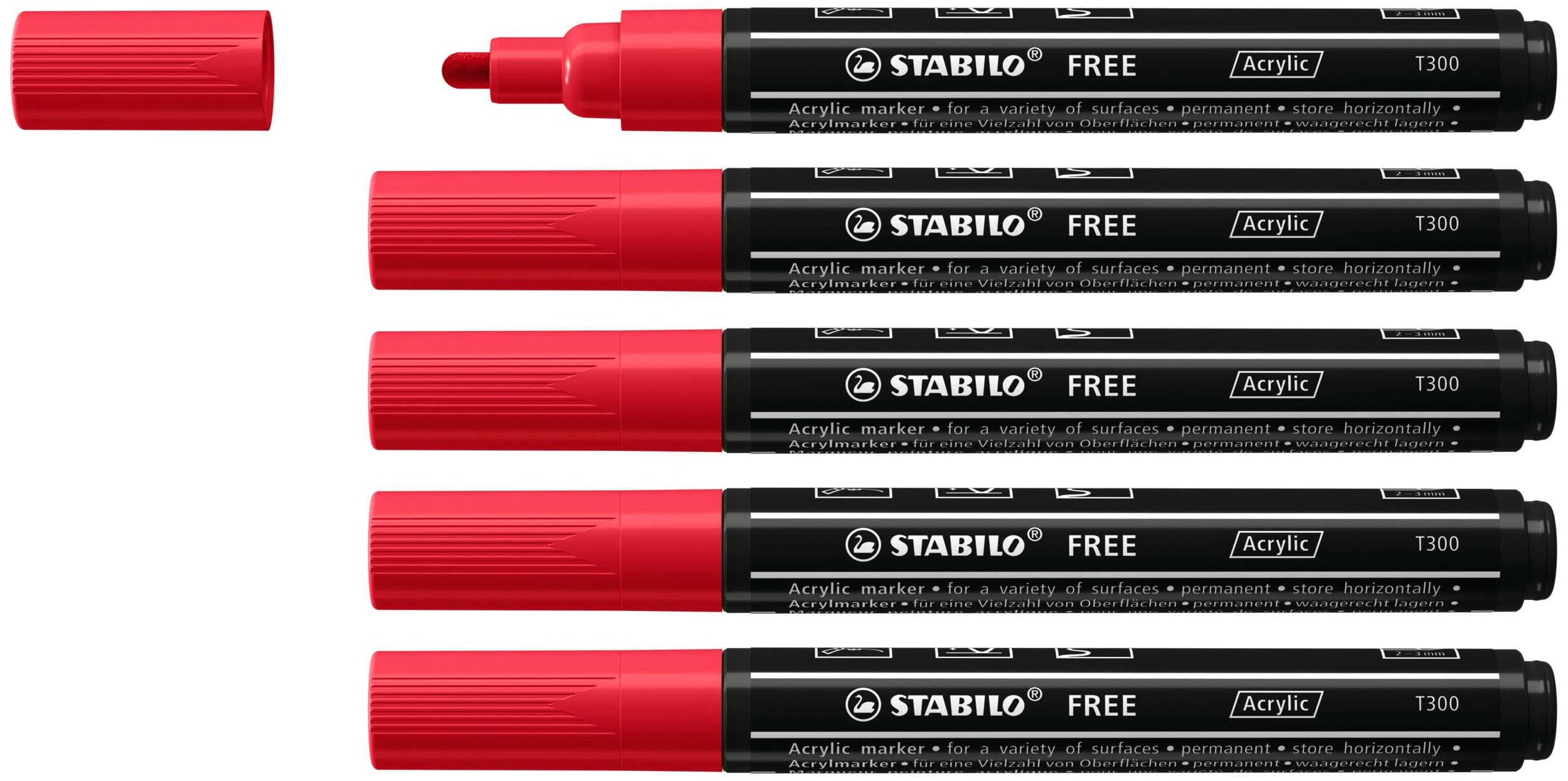 STABILO FREE - Acrylic Marker - ARTY - T300 Round Tip 2-3mm - Pack of 5 - Carmine