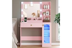 XIXINI Vanity Desk with Mirror and Lights, Small Makeup Vanity Table with RGB Storage Cabinet & Power Strips & Shelves, 3 Lighting Modes & Adjustable Brightness, Dressing Table for Women Girls Bedroom, Pink