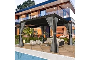 EROMMY Louvered Pergola 12' x 12' Outdoor Hard Top Pergola with Aluminum Frame and Adjustable Metal Rainproof Roof for Garden & Patio, Curtains and Netting Included, Gray-Black