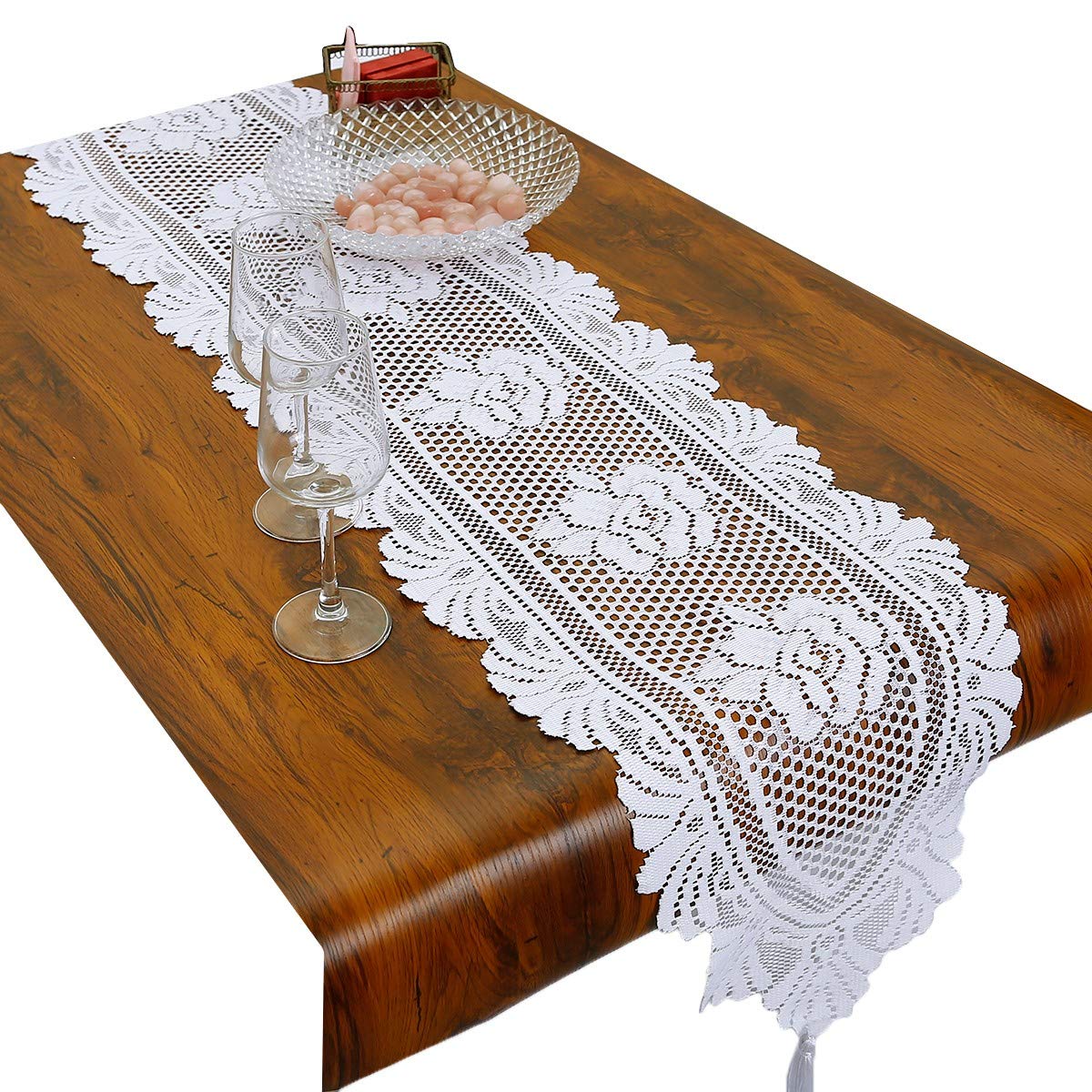 mookaitedecor 13x59 Inch White Lace Table Runner for Wedding Festival Party Christmas Table Centrepiece Living Room Home Desk Decor, Vintage Elegant Flower Dinner Table Runner with Tassels