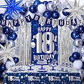 18th Birthday Decorations for Boys, Blue Happy 18th Birthday Decorations for Men, 18 Year Old Boy Birthday Door Banner, 18th Bday Party Tablecloth Foil Backdrop Star Balloons Decor for 18th Girls Boys