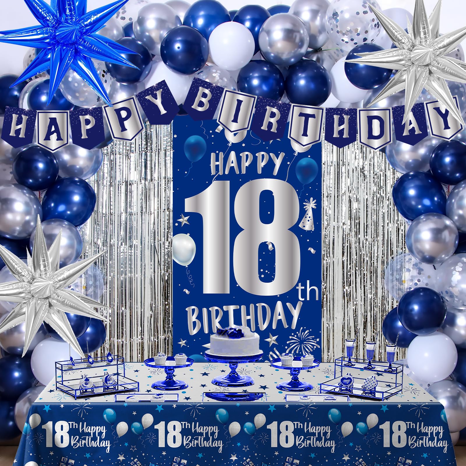 Photo 1 of 18th Birthday Decorations for Boys, Blue Happy 18th Birthday Decorations for Men, 18 Year Old Boy Birthday Door Banner, 18th Bday Party Tablecloth Foil Backdrop Star Balloons Decor for 18th Girls Boys