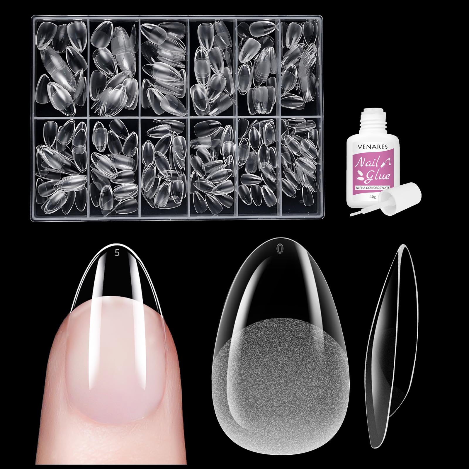 Venares Short Almond Nail Tips - 500Pcs Clear Acrylic Tips for Gel Extensions, 12 Sizes Soft Full Cover False Nail Kit — image 1