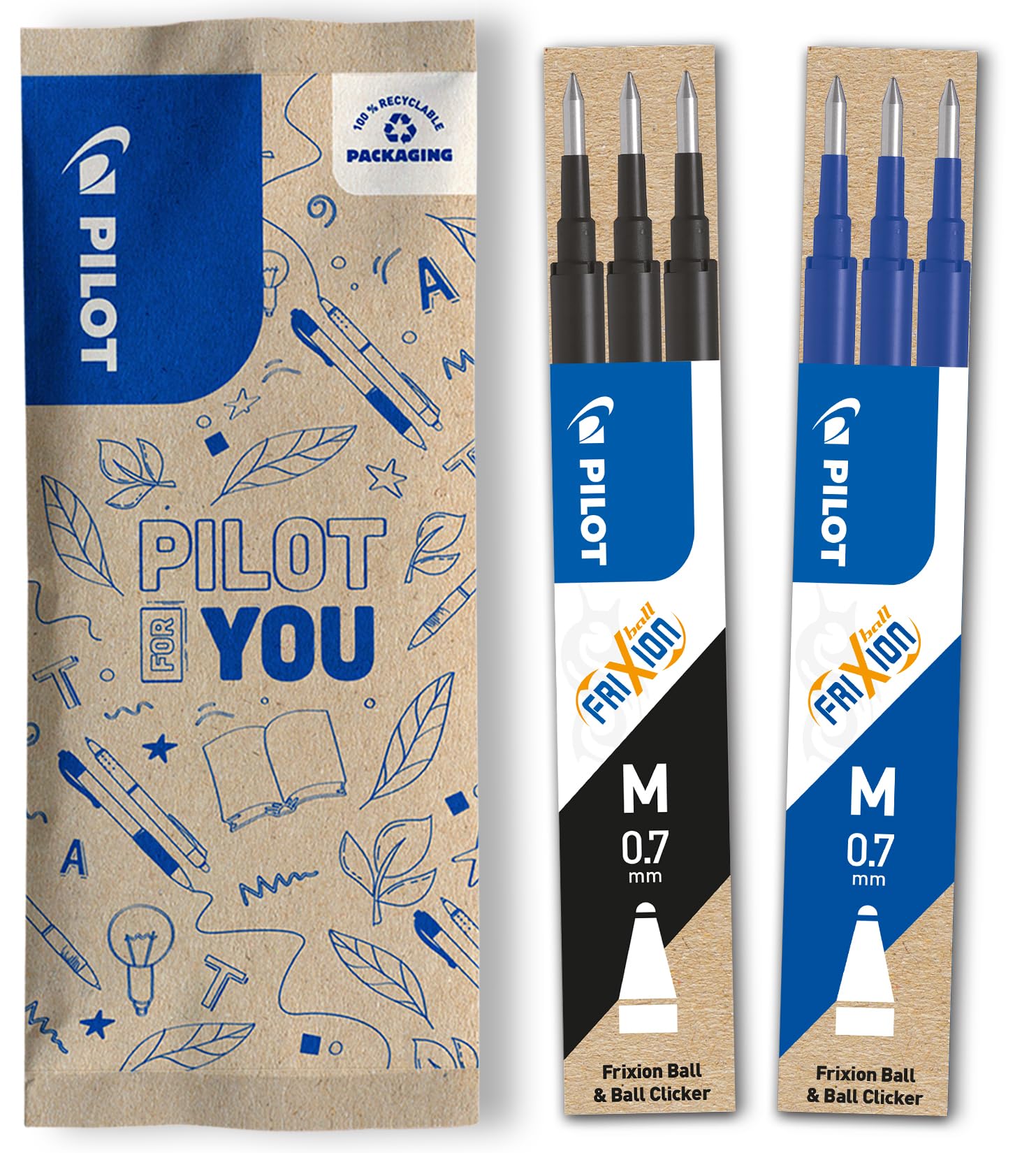 PILOT - Pack of 2 sets of 3 Refills 0,7 - Erasable ink for Frixion - Medium - Assorted Colors, 1 Black, 1 Blue
