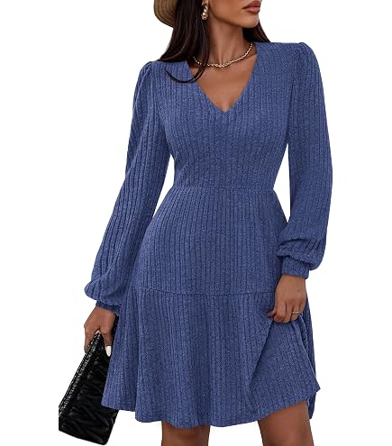 sweater dresses fall 2025 for Women Fashion Long Sleeve Flowy Maxi Dress A-Line Casual Ribbed Knit Winter Fall Dress Blue L at Amazon Women's Clothing store and vacations Women's Collar Denim Button Color:Heritage Floral cheers