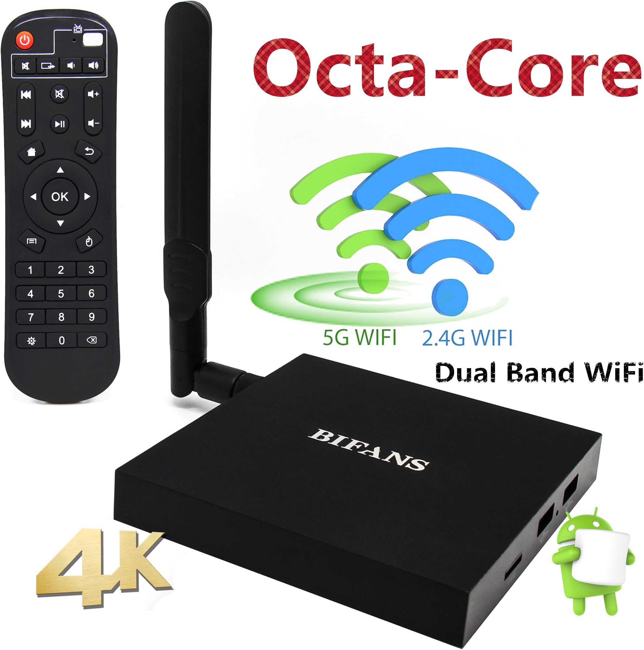 Android 6.0 Pro Smart TV Box, BIFANS Stream Media Player, Amlogic S912 Octa-Core 2GB/8GB True 4K HDR Ultra-HD H265 VP9 Ethernet WiFi SPDIF Streaming Media Player with IR Remote Control Black (S912)