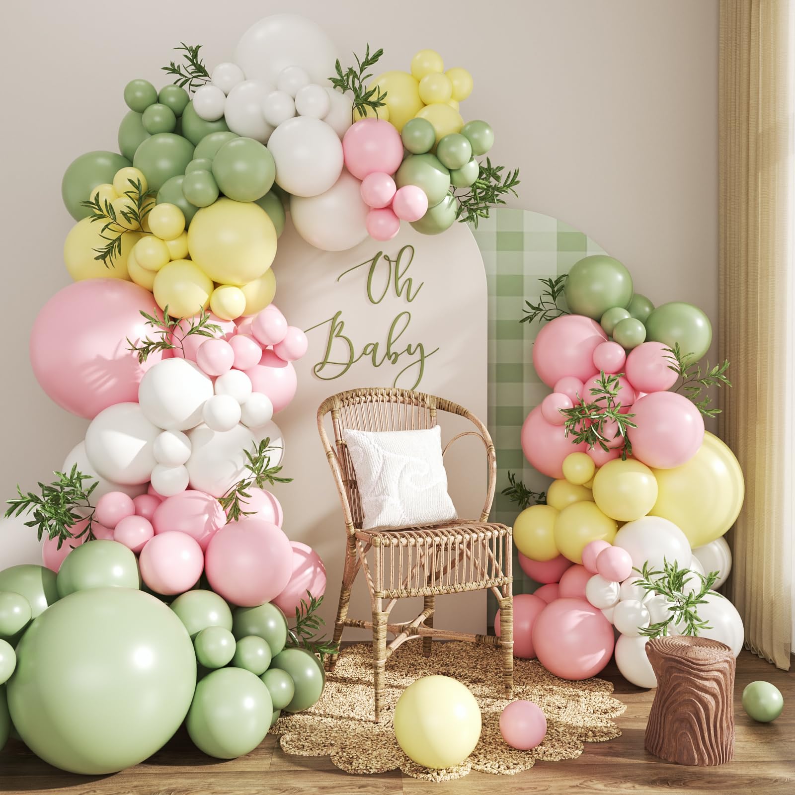 Sage Green Pink Yellow Pastel Balloon Arch Kit, 124Pc Dusty Green Macaron Blue and White Balloons for Goose Birthday Gender Decorations Baby Shower Wedding Decor