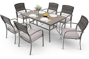 Pamapic 7-Piece Outdoor Dining Set, Grey Wicker Patio Furniture with Removable Cushions & Iron Slat Table, All-Weather Garden/Deck/Backyard Furniture Set (Grey)