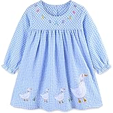 FreeLu Toddler Girls' Cotton Gingham Duck Embroidery Dress Long Sleeve Plaid Casual Dresses for 2-7 Years