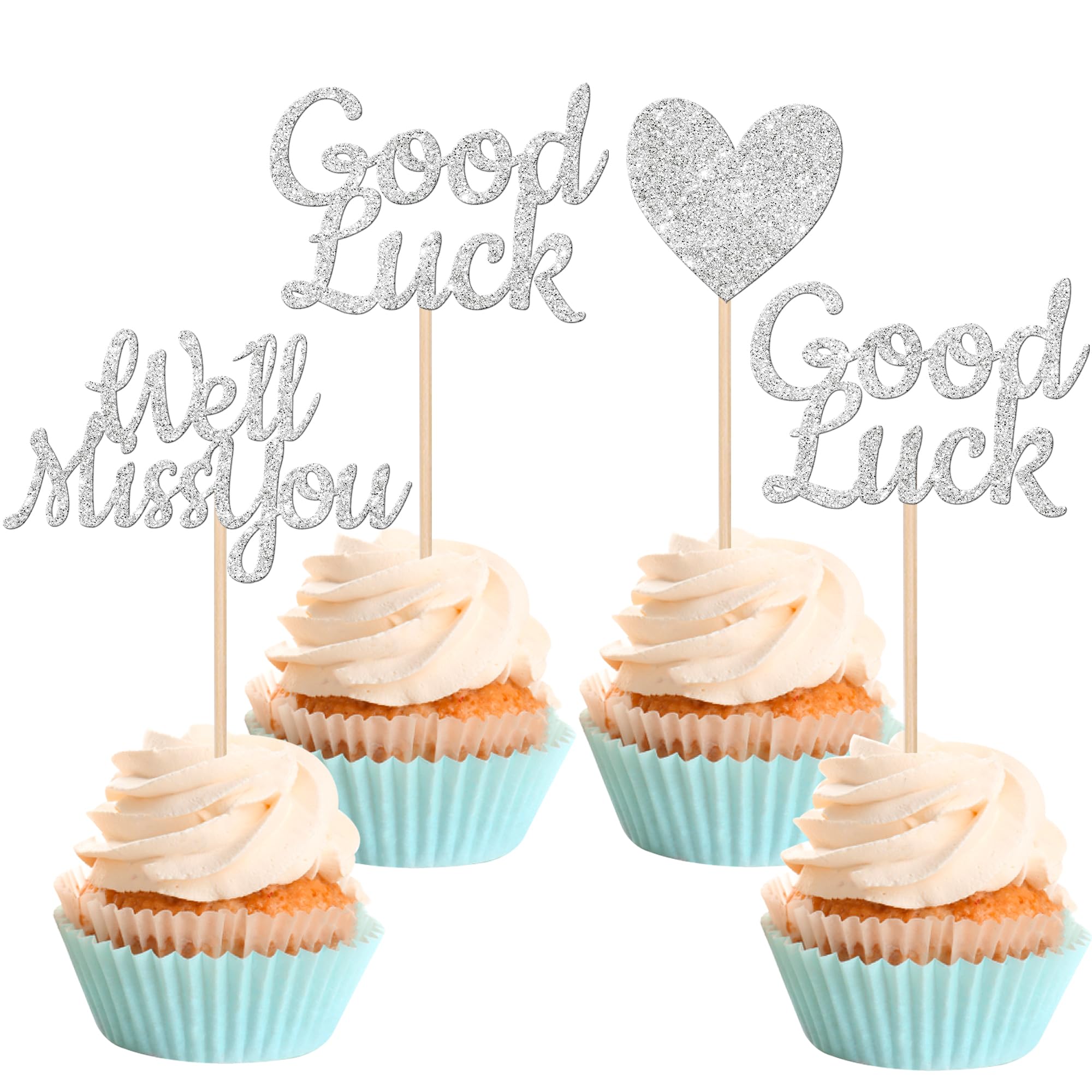 SYKYCTCY 24 Pack We Will Miss You Cupcake Toppers Glitter Red Love Heart Good Luck Cupcake Picks Retirement Theme Going Away Party Cake Decorations Silver