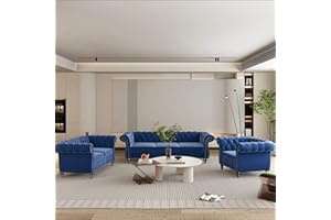 ORRD 3 Piece Living Room Set, Velvet Chesterfield Sofa Loveseat Couch Chair with Scroll Arms and Nailhead for Living Room, Office (Blue)