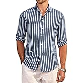 Esabel.C Men's Linen Casual Button Down Shirts Long Sleeve Striped Cotton Regular Fit Beach Wedding Shirts