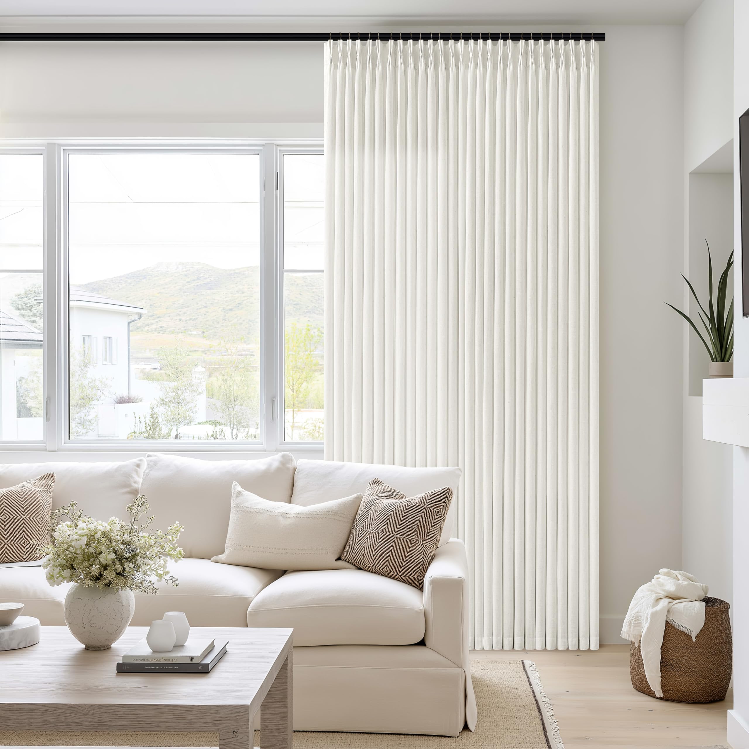 Photo 1 of 105 Inch Long Curtains Pinch Pleat Linen Curtains for Living Room Bedroom 2 Panels Natural Flax Linen Textured Light Filtering Semi Sheer Pinch Pleated Drapes Back Tab for Window Sliding Glass Door