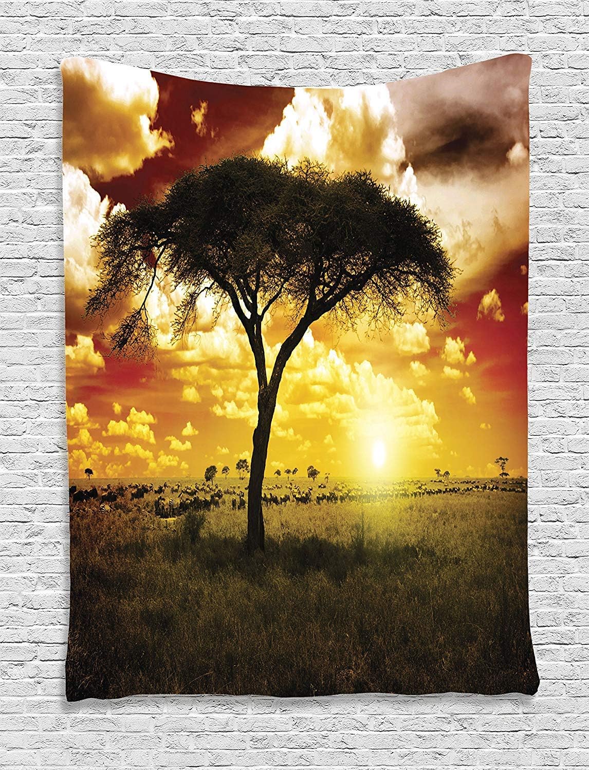 Amazon Com Asddcdfdd Safari Decor Tapestry Single Tree At Dreamy African Sunset With Dark Dramatic Clouds On The Sky Art Photo Bedroom Living Room Dorm Decor 40 W X 60 L Inches Green