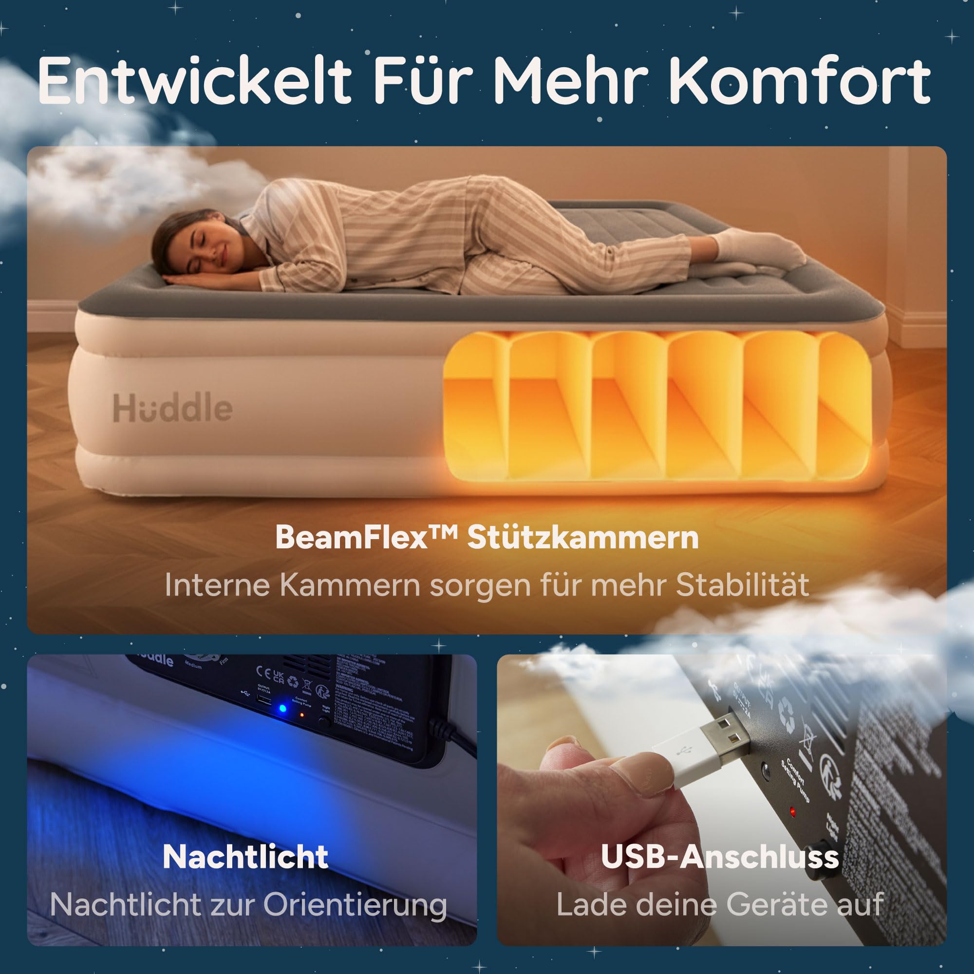 Huddle Never Deflate™ Luftbett 2 Personen 150 x 200 x 46 cm, selbstaufblasende Luftmatratze mit Pumpe, perfekte Gästematratze & Campingmatratze, USB-C-Port & Nachtlicht 6