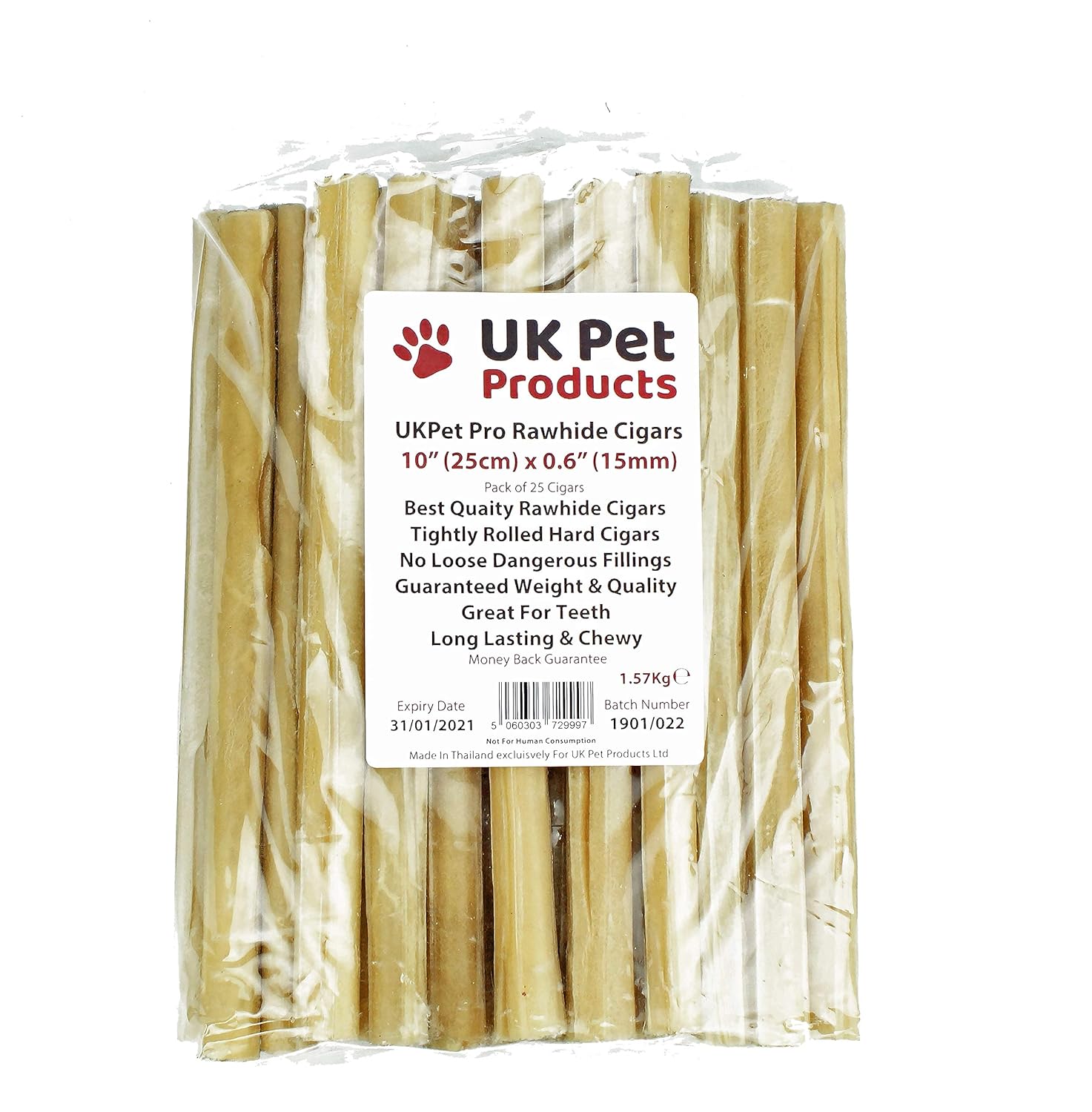 UKPET Pro Rawhide Dog Chews Cigar Rolls 5" & 10" x 15mm Thick Rawhide