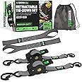 Rhino USA Retractable Ratchet Straps (2-Pack) - 1 Inch x 10 Feet (1,209lb Break Strength) - Heavy Duty Auto Self Retracting Tie Down Straps for Truck, Cargo Trailer, Motorcycle, Rad & More - Gray
