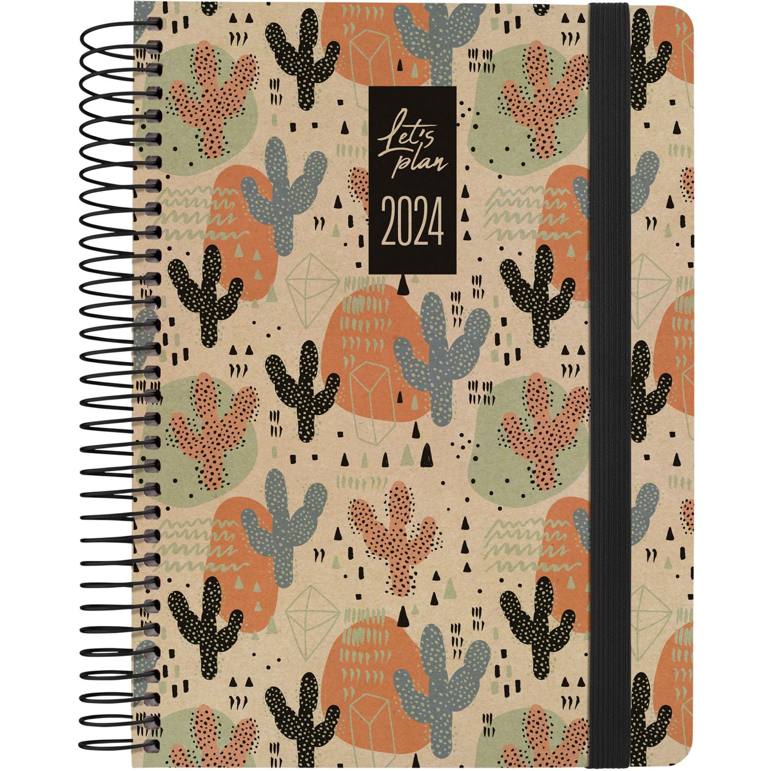 Grafoplás | A5 Year Planner 2024 | 15 x 21 cm | Spanish | Day Page | Design Cactus Model | Nature Series | Hard Cover | Kraft Paper and Recycled Cardboard Cover 100% | Elastic Closure | Hard Cover